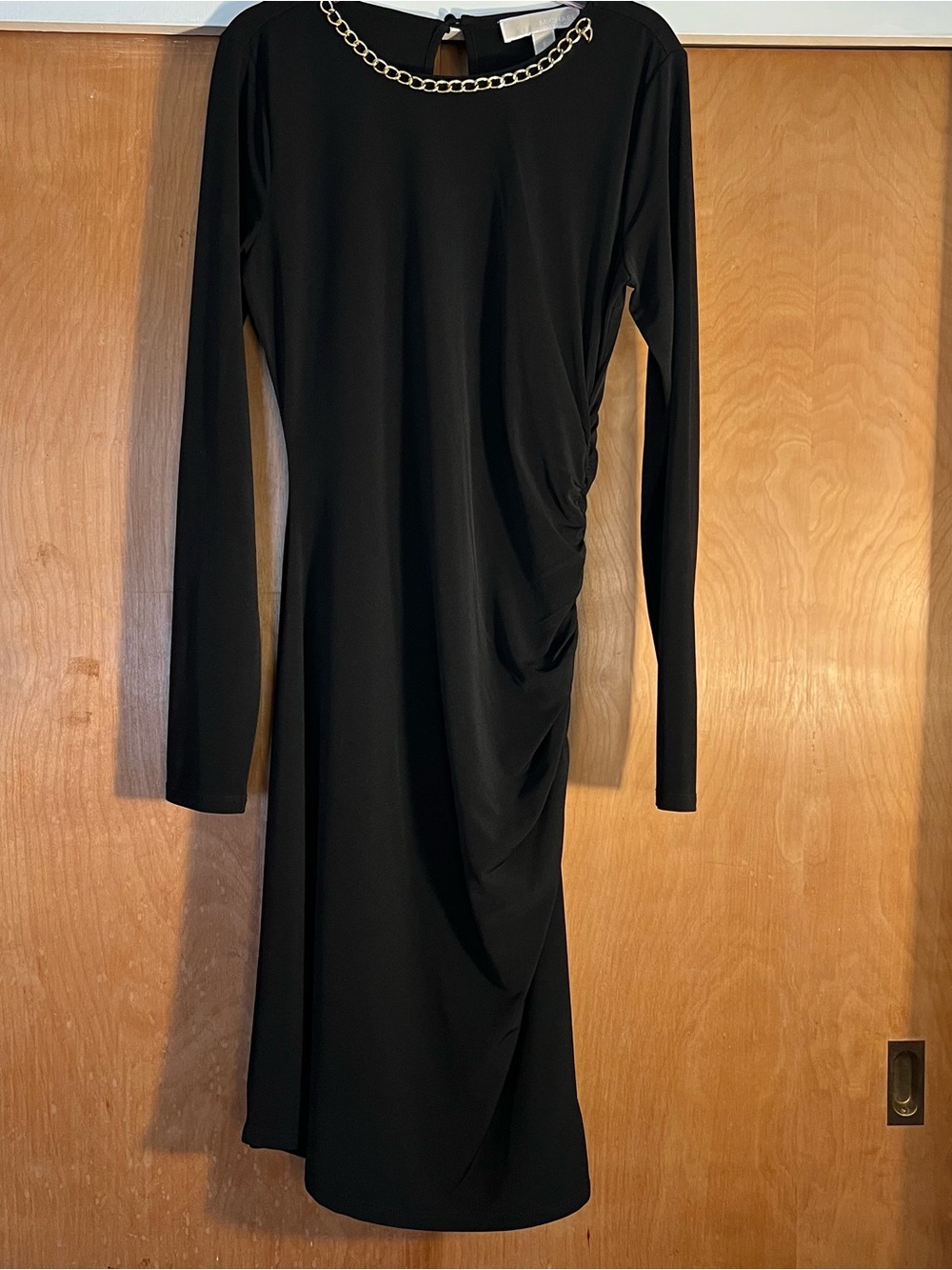 MICHAEL Michael Kors Black Long-Sleeve Chain-Neck Draped Sheath Dress